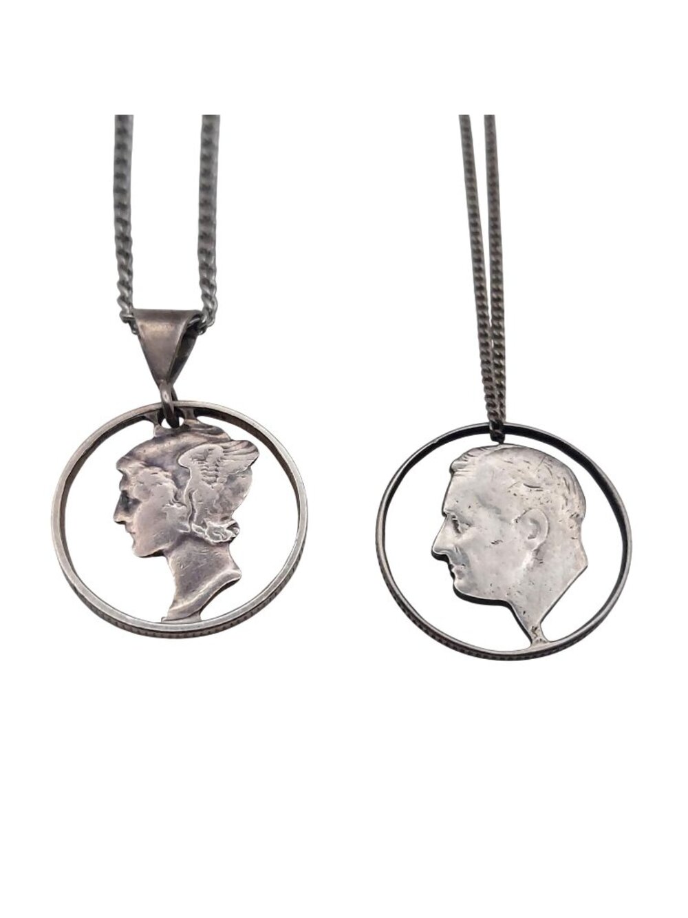 Mercury Roosevelt Dime Necklace Set Of 2 Cut Out Stamped 925 Silver Pendant Vtg
